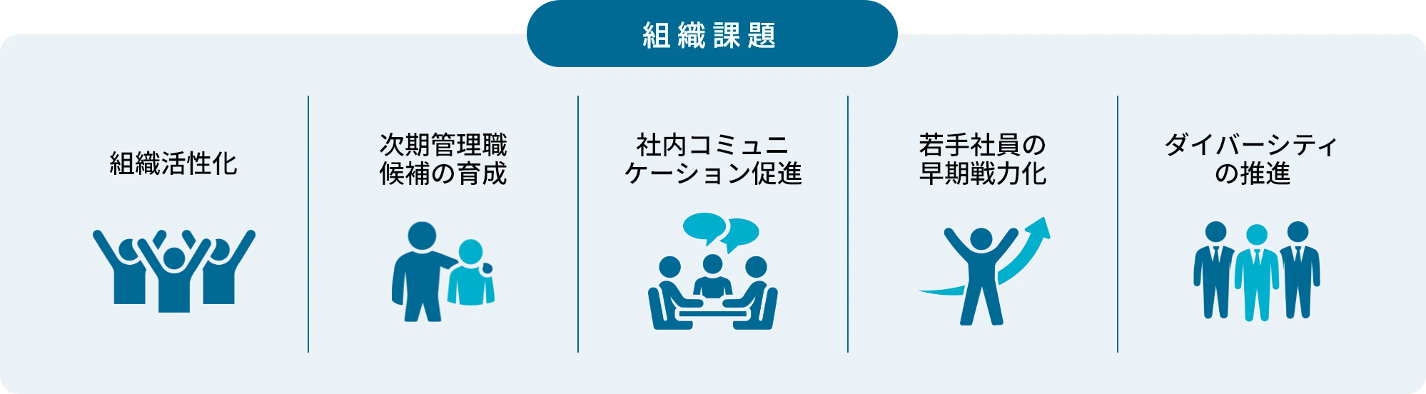 組織課題：組織活性化 次期管理職候補の育成 社内コミュニケーションの促進 若手社員の早期戦力化 ダイバーシティの推進