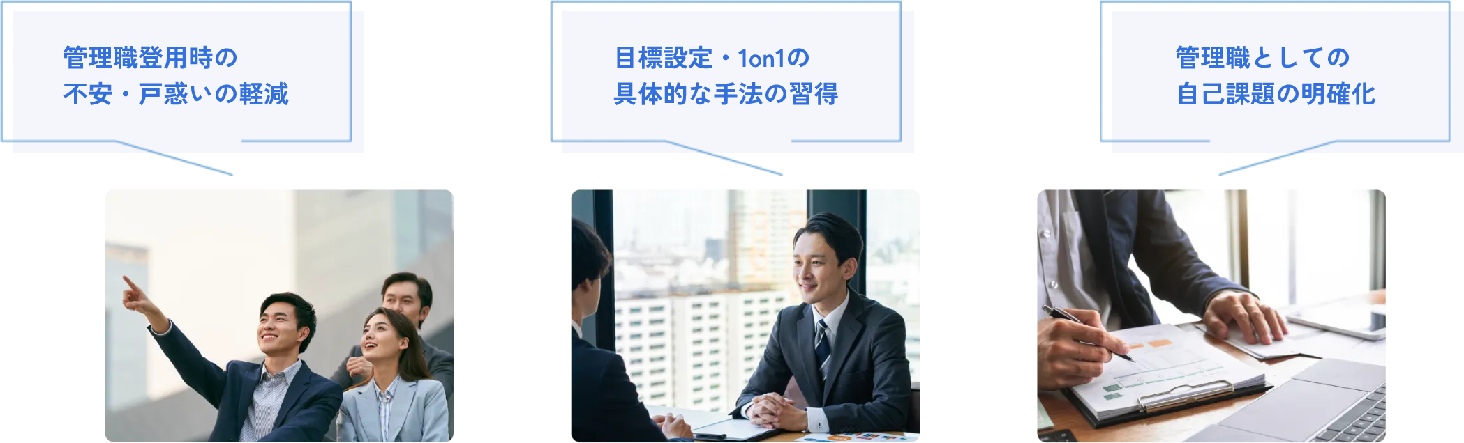 管理職登用時の不安・戸惑いの軽減/目標設定・1on1の具体的な手法の習得/管理職としての自己課題の明確化